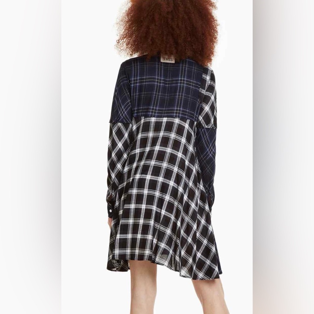 Desigual Navy, Black and‎ White Asymmetrical Button Down Plaid Dress Size Medium - Picture 2 of 11